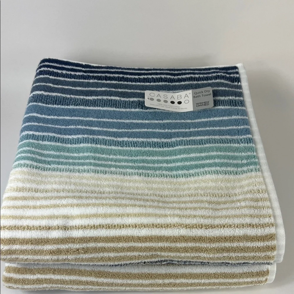 Casaba Bath Towels Tan Blue White Striped Quick Dry Zero Twist Cotton 2 Pc NEW